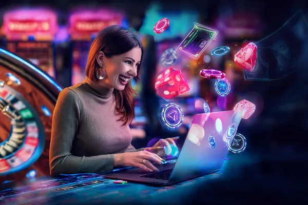KKFB Games — Explore our rich library of casino classics A woman smiling while playing online games on her laptop, surrounded by neon casino elements, showcasing KKFB’s diverse game collection.
