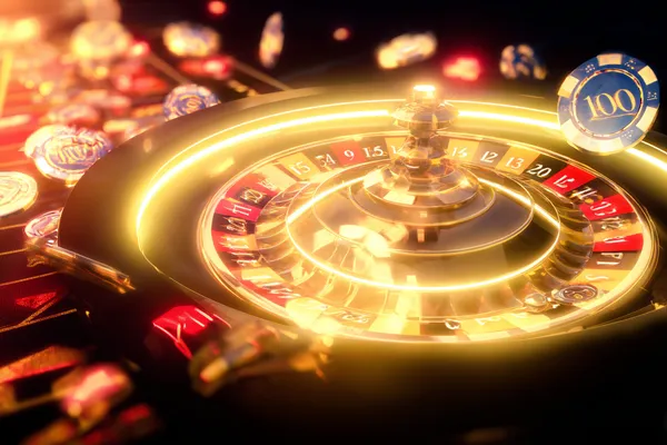 KKFB Live Games — Take part in high-energy casino action A glowing roulette wheel with cascading chips, symbolizing the engaging live and instant-win games available on KKFB.